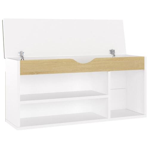 Skobænk med hynde 104x30x49 cm spånplade hvid og sonoma-eg