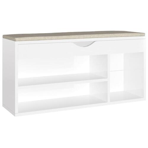 Skobænk med hynde 104x30x49 cm spånplade hvid højglans