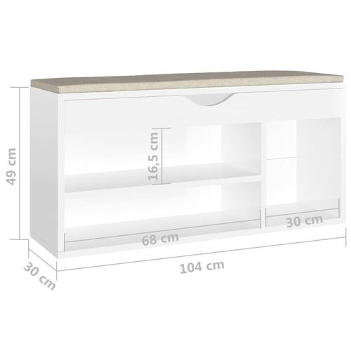 Skobænk med hynde 104x30x49 cm spånplade hvid højglans