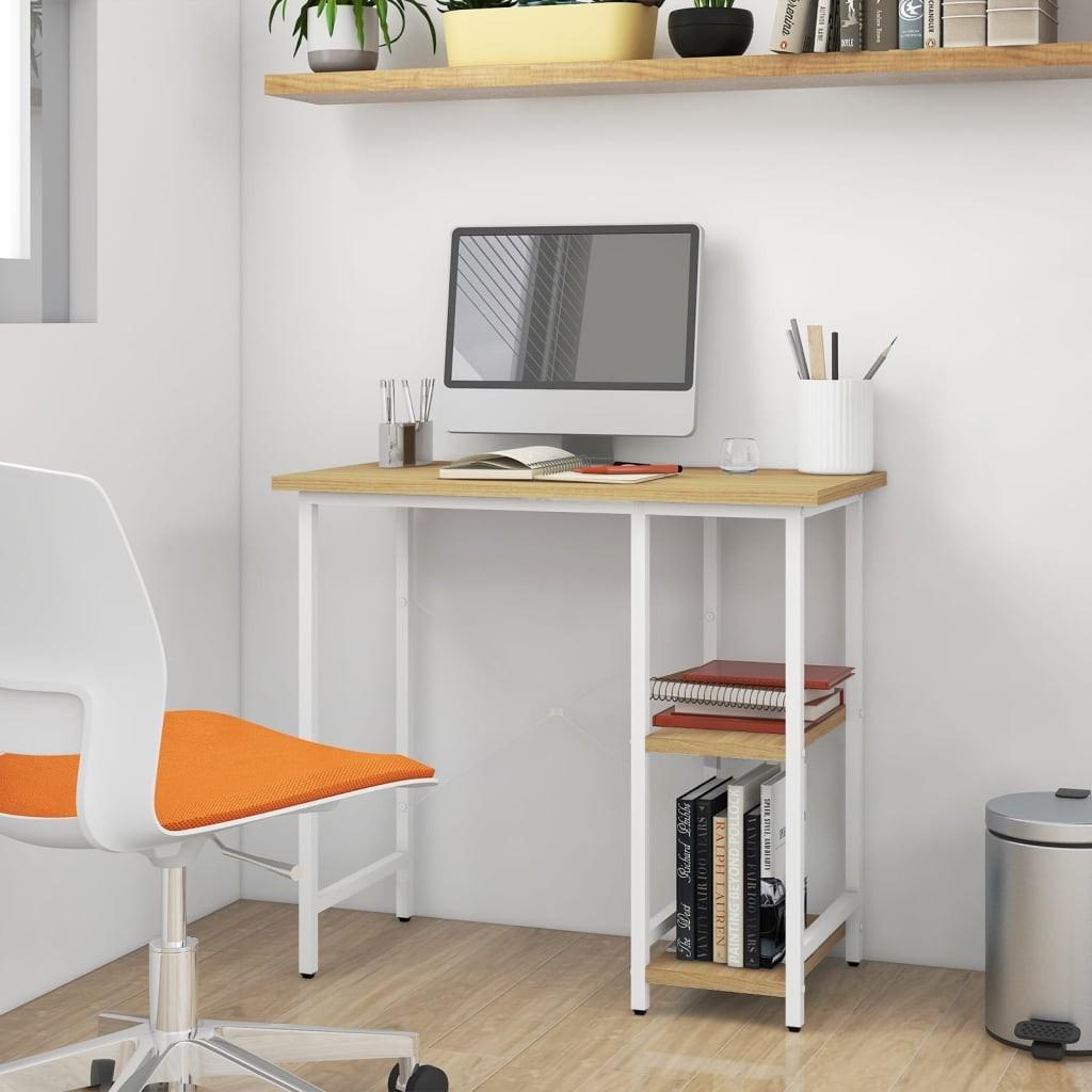Computerbord 80x40x72 cm MDF og metal hvid og lys egetræsfarve