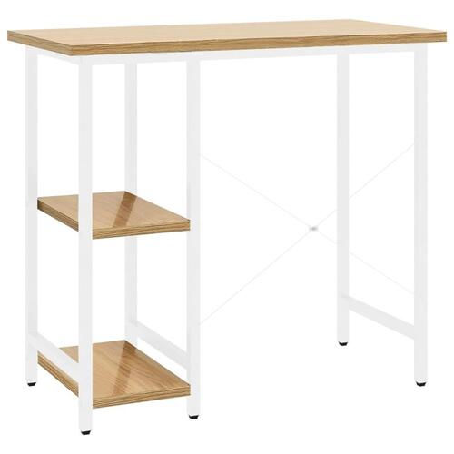 Computerbord 80x40x72 cm MDF og metal hvid og lys egetræsfarve