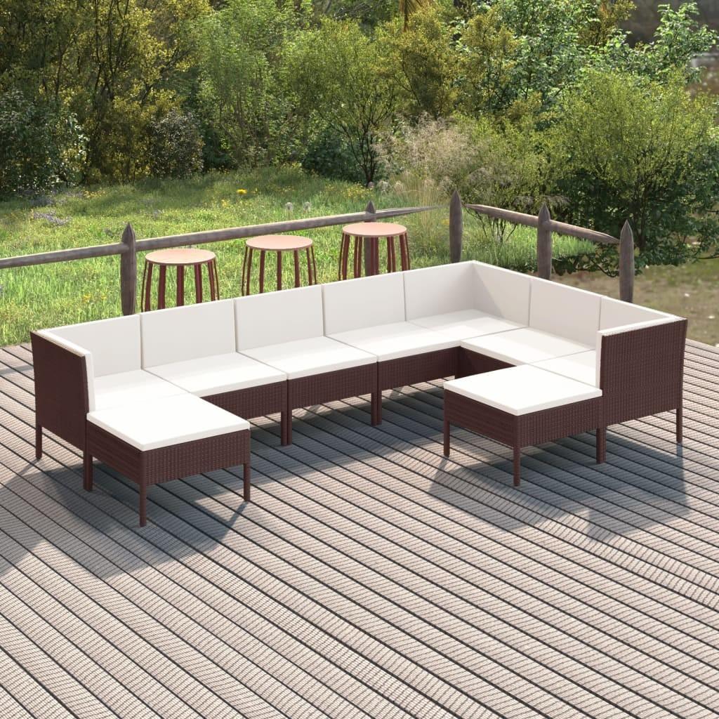 Loungesæt til haven 9 dele med hynder polyrattan brun