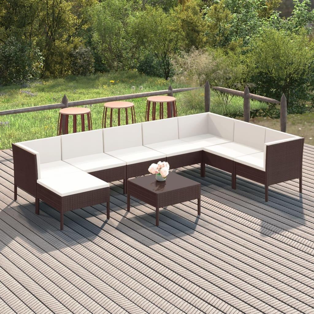 Loungesæt til haven 9 dele med hynder polyrattan brun