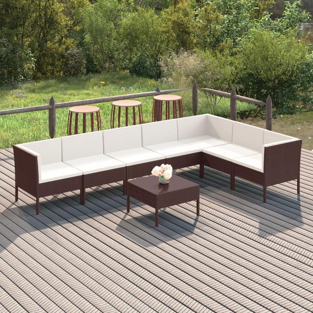 Loungesæt til haven 8 dele med hynder polyrattan brun