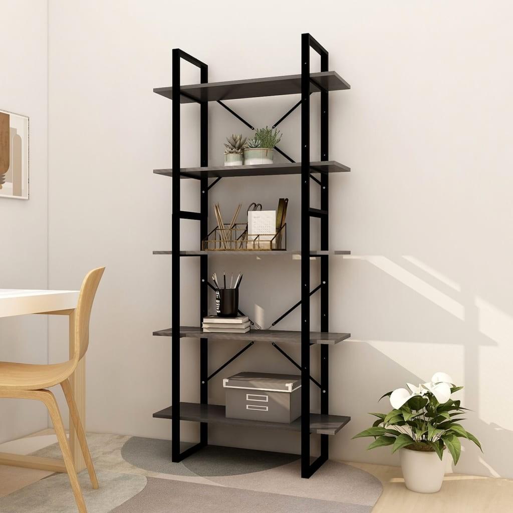 Bogreol med 5 hylder 80x30x175 cm massivt fyrretræ grå