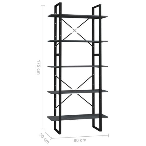 Bogreol med 5 hylder 80x30x175 cm massivt fyrretræ grå