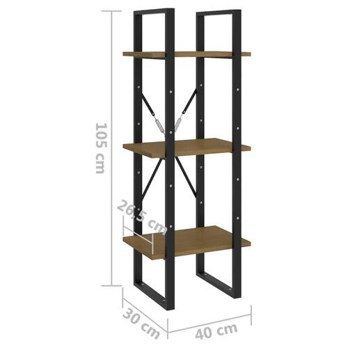Bogreol med 3 hylder 40x30x105 cm massivt fyrretræ honningbrun