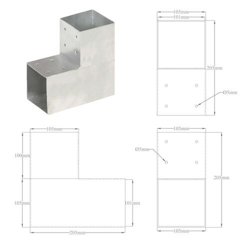 Stolpebeslag L-form 4 stk. 101x101 mm galvaniseret metal