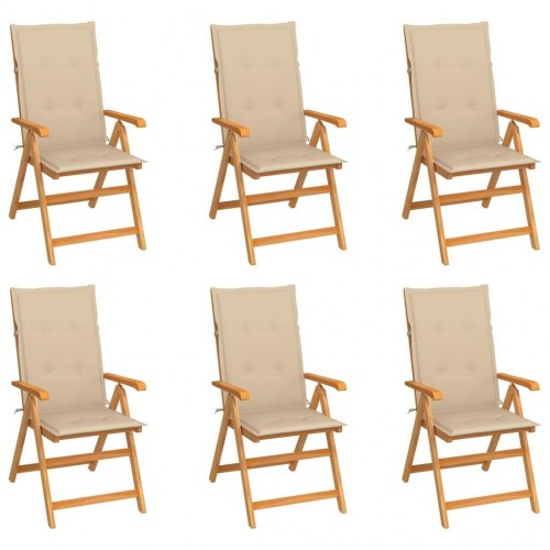Havestole - 6 stk. i massivt teaktræ med beige hynder, foldbare og justerbare