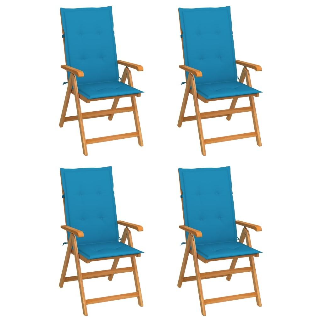 Havestole 4 stk. med blå hynder massivt teaktræ