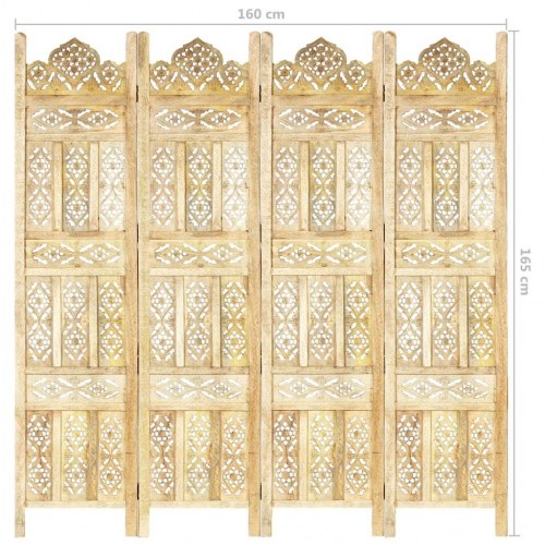 4-panels rumdeler håndskåret 160 x 165 cm massivt mangotræ