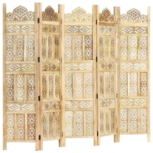 5-panels rumdeler håndskåret 200 x 165 cm massivt mangotræ