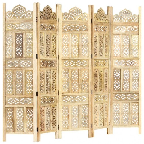 5-panels rumdeler håndskåret 200 x 165 cm massivt mangotræ