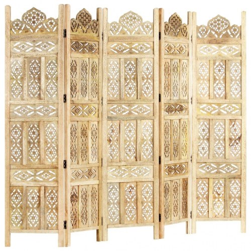 5-panels rumdeler håndskåret 200 x 165 cm massivt mangotræ