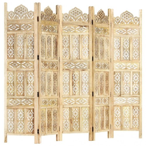 5-panels rumdeler håndskåret 200 x 165 cm massivt mangotræ