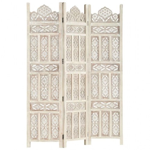 3-panels rumdeler håndskåret 120 x 165 cm massivt mangotræ hvid