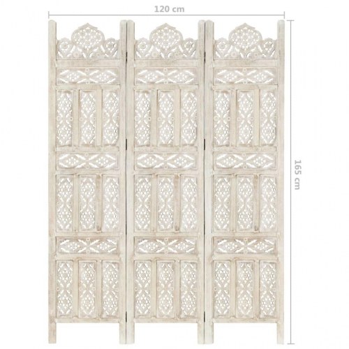 3-panels rumdeler håndskåret 120 x 165 cm massivt mangotræ hvid