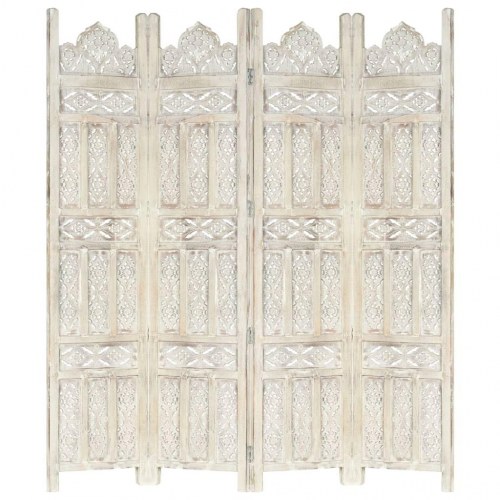 4-panels rumdeler håndskåret 160 x 165 cm massivt mangotræ hvid