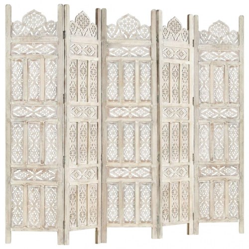 5-panels rumdeler - håndskåret, 200 × 165 cm, massivt mangotræ, hvid