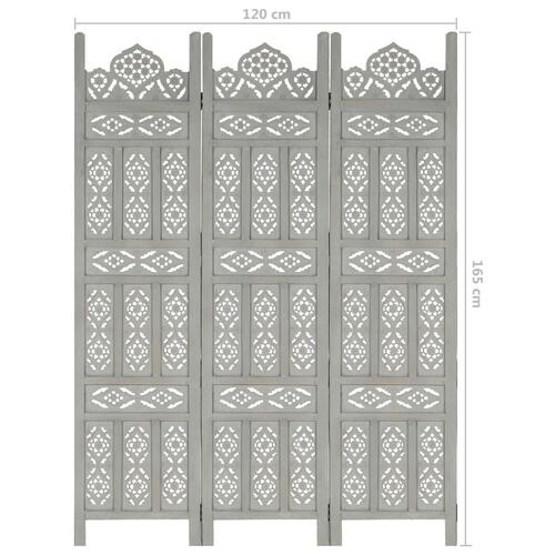 3-panels rumdeler håndskåret 120 x 165 cm massivt mangotræ grå