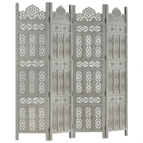 4-panels rumdeler håndskåret 160x165 cm massivt mangotræ grå