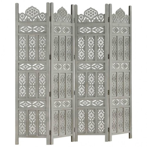 4-panels rumdeler håndskåret 160x165 cm massivt mangotræ grå