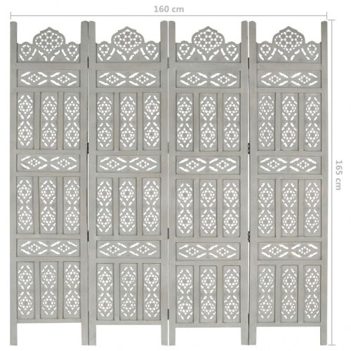 4-panels rumdeler håndskåret 160x165 cm massivt mangotræ grå
