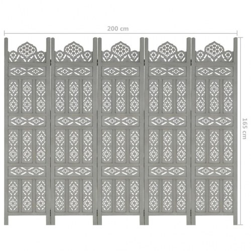 5-panels rumdeler håndskåret 200 x 165 cm massivt mangotræ grå