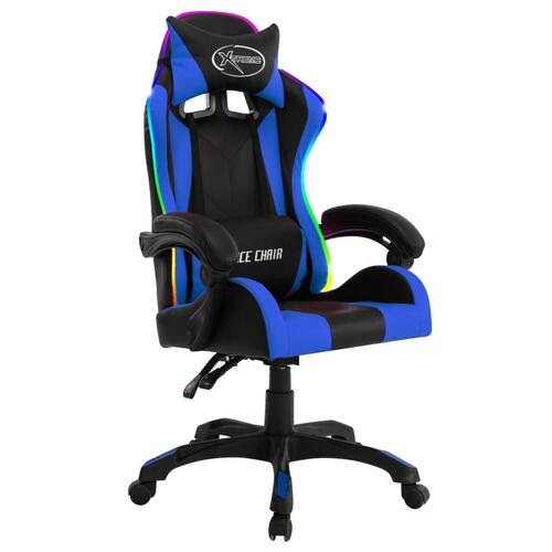 Gamingstol m. LED-lys RGB-farver kunstlæder blå og sort