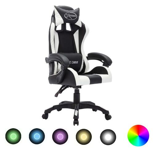Gamingstol m. LED-lys RGB-farver kunstlæder hvid og sort