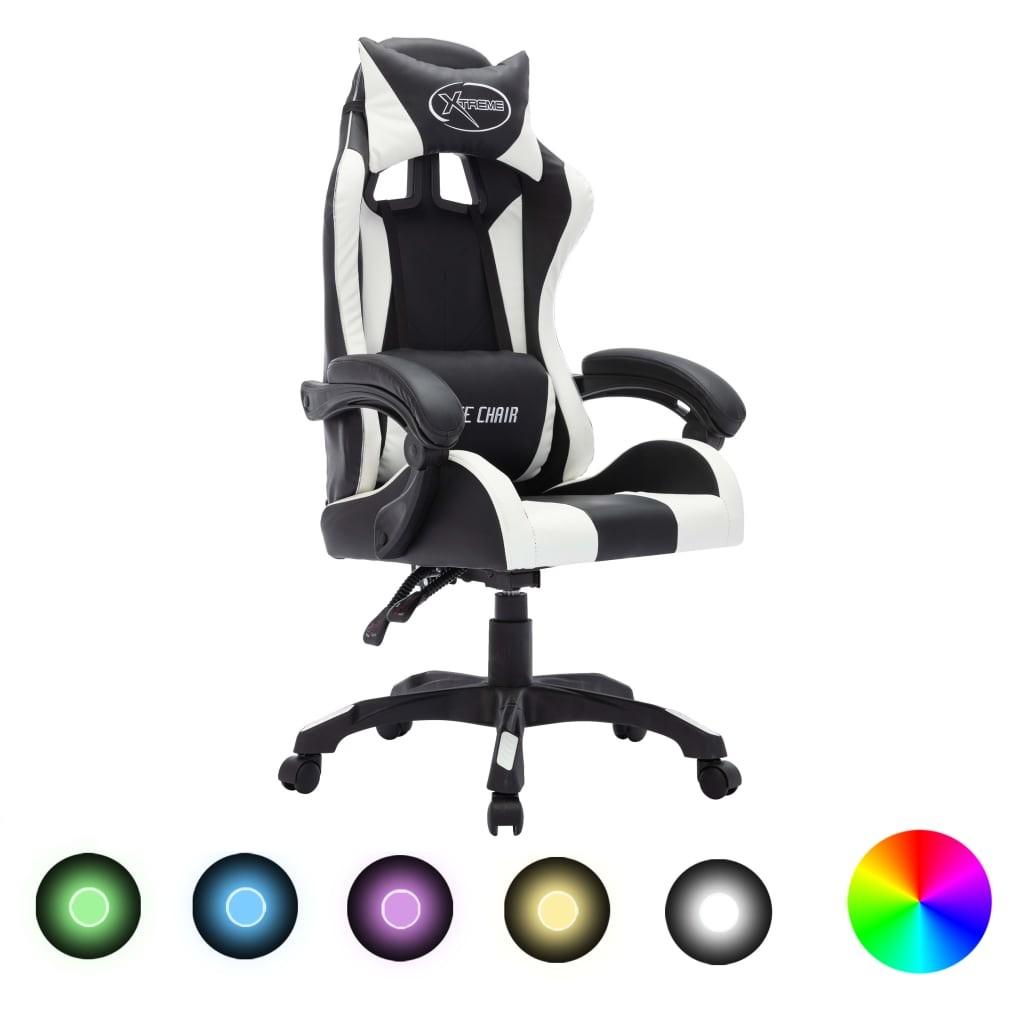 Gamingstol m. LED-lys RGB-farver kunstlæder hvid og sort