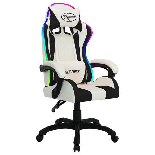 Gamingstol m. LED-lys RGB-farver kunstlæder hvid og sort