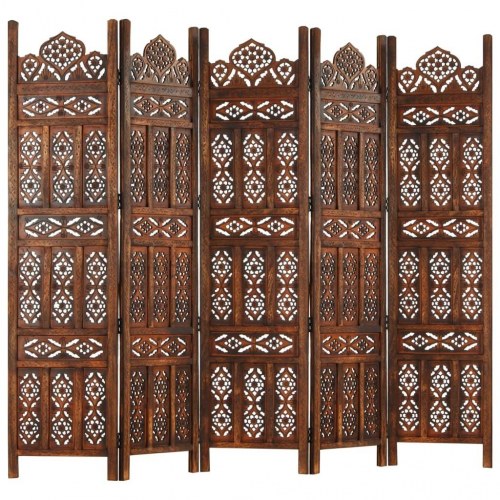 5-panels rumdeler håndskåret 200 x 165 cm massivt mangotræ brun
