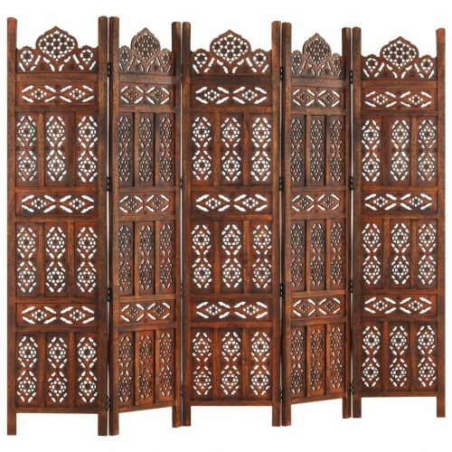5-panels rumdeler håndskåret 200 x 165 cm massivt mangotræ brun