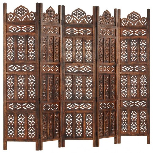 5-panels rumdeler håndskåret 200 x 165 cm massivt mangotræ brun