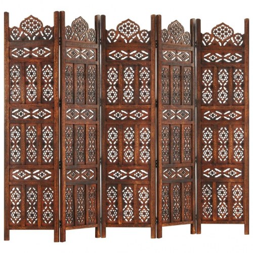 5-panels rumdeler håndskåret 200 x 165 cm massivt mangotræ brun