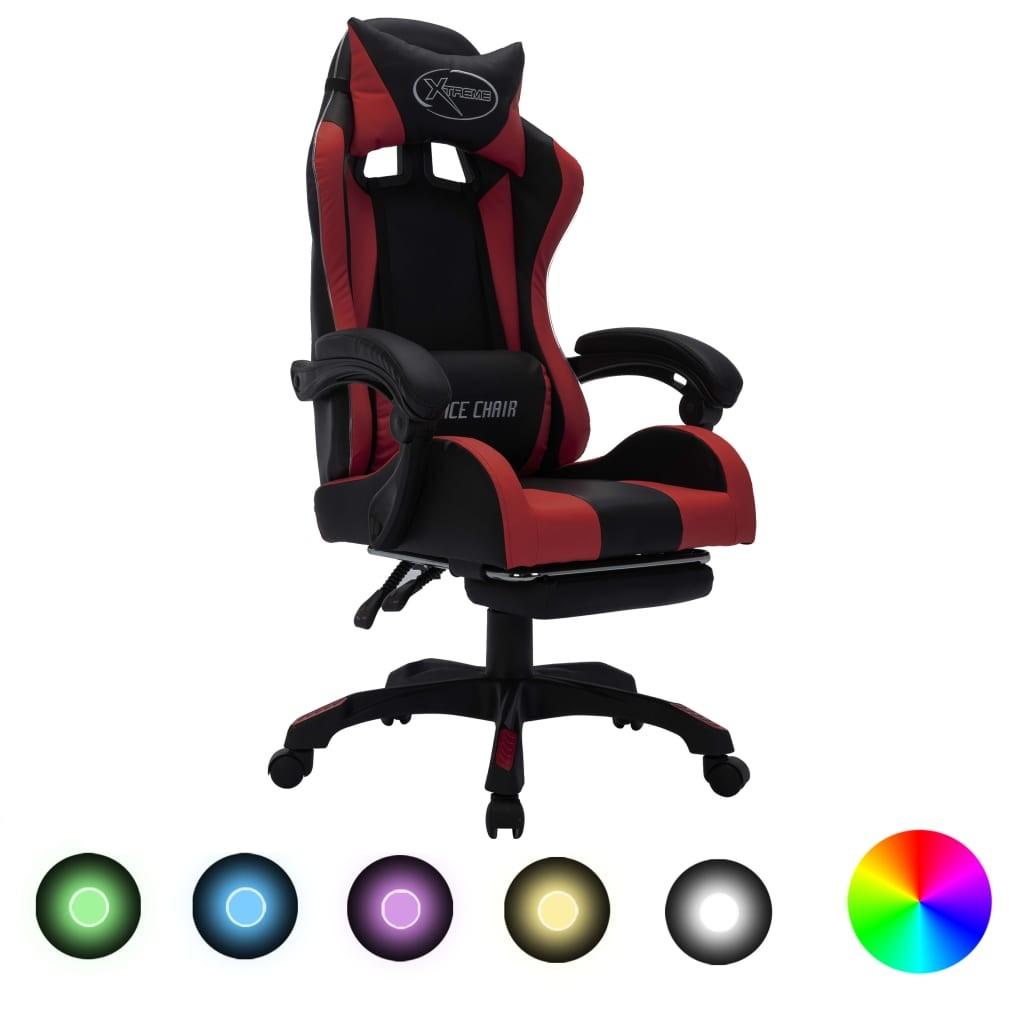 Gamingstol m. LED-lys RGB-farver kunstlæder vinrød og sort