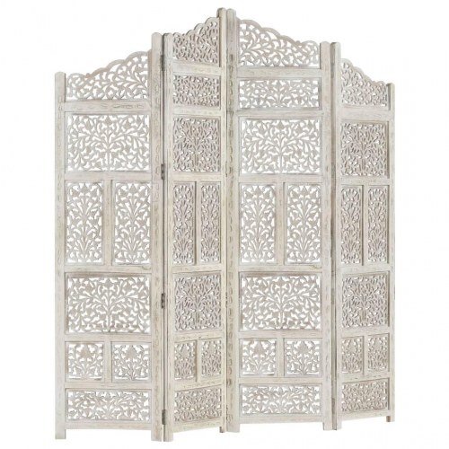 4-panels rumdeler håndskåret 160 x 165 cm massivt mangotræ hvid
