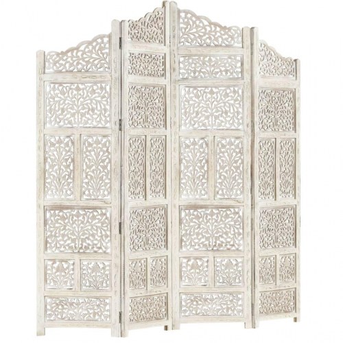 4-panels rumdeler håndskåret 160 x 165 cm massivt mangotræ hvid