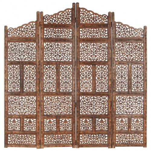 4-panels rumdeler håndskåret 160 x 165 cm massivt mangotræ brun