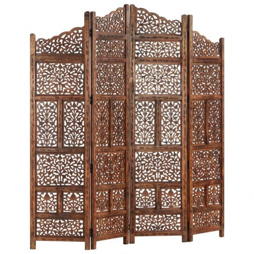 4-panels rumdeler håndskåret 160 x 165 cm massivt mangotræ brun