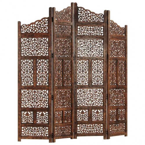 4-panels rumdeler håndskåret 160 x 165 cm massivt mangotræ brun