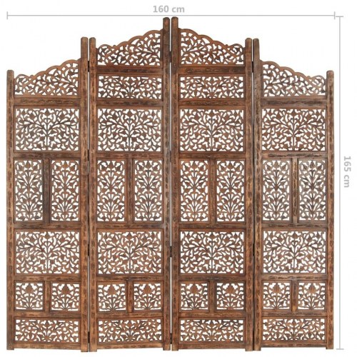 4-panels rumdeler håndskåret 160 x 165 cm massivt mangotræ brun