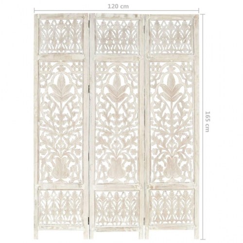 3-panels rumdeler håndskåret 120 x 165 cm massivt mangotræ hvid