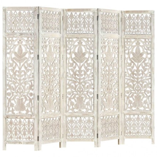 5-panels rumdeler håndskåret 200x165 cm massivt mangotræ hvid