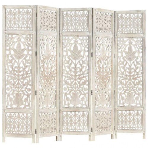 5-panels rumdeler håndskåret 200x165 cm massivt mangotræ hvid