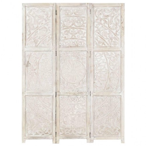 3-panels rumdeler - håndskåret 120 × 165 cm i massivt mangotræ, hvid