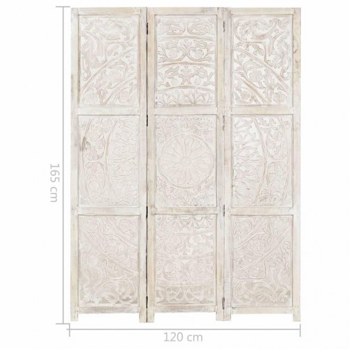 3-panels rumdeler - håndskåret 120 × 165 cm i massivt mangotræ, hvid