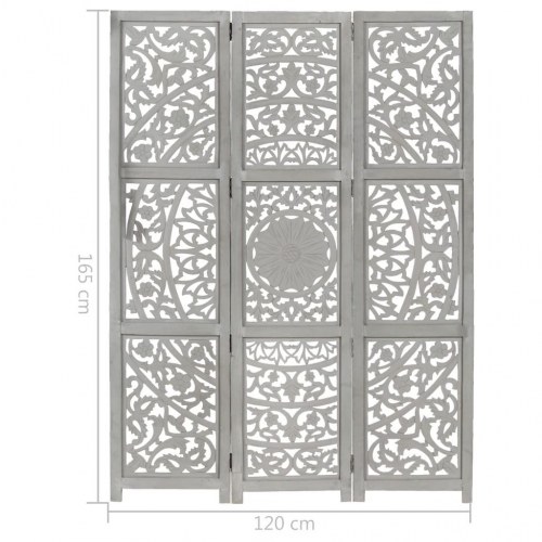 3-panels rumdeler håndskåret 120 x 165 cm massivt mangotræ grå