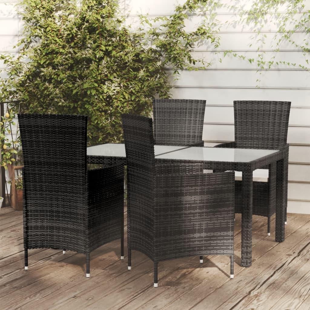 Udendørs spisebordssæt 5 dele med hynder polyrattan sort